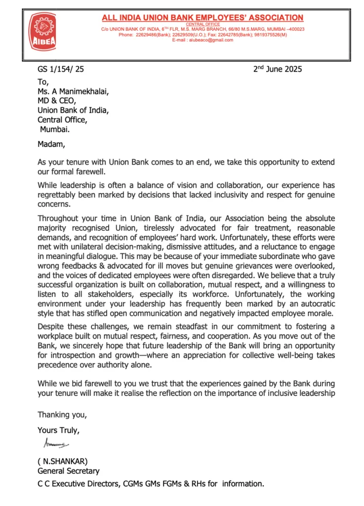 Letter: Union Bank Employees Association Bids Farewell to MD&CEO Ms. A Manimekhalai